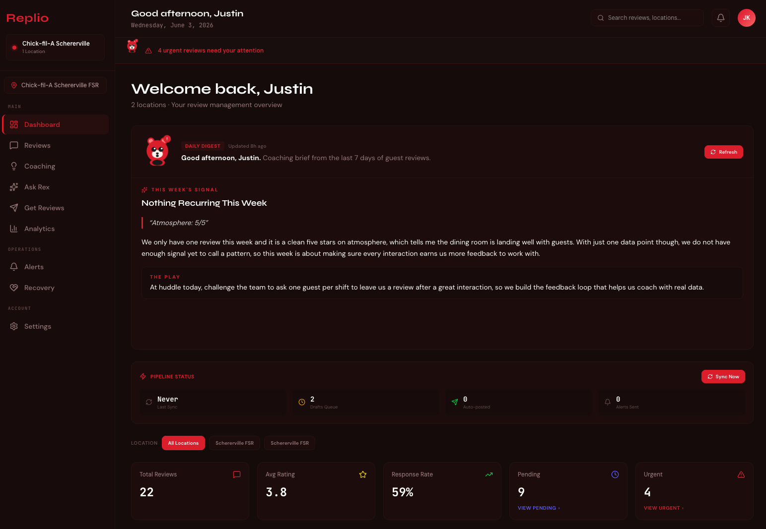Replio operator dashboard: daily digest, pipeline status, and live review metrics across locations