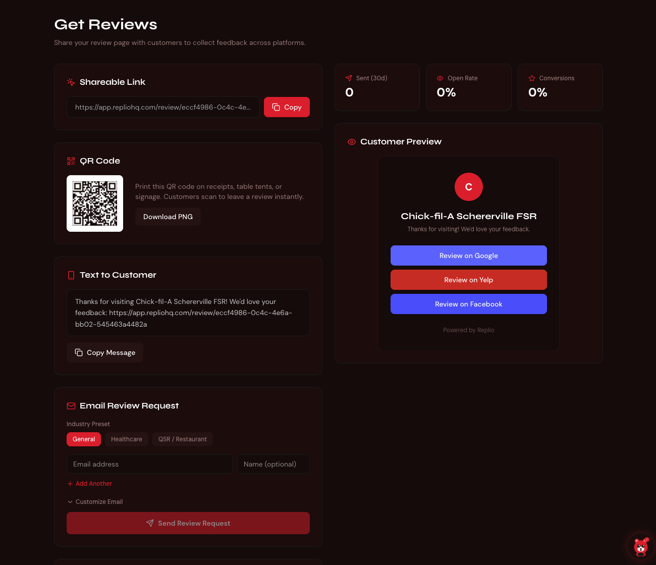 Replio Get Reviews tools: shareable link, QR code, text and email review requests