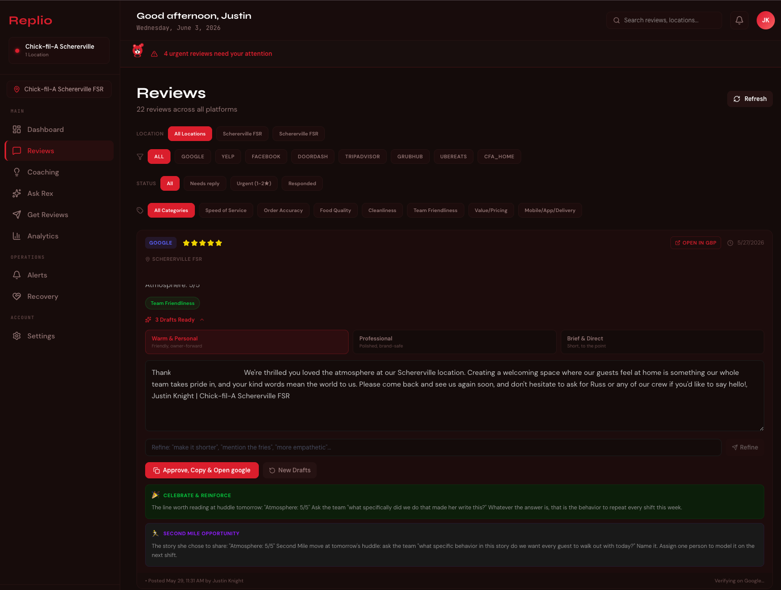 Replio Reviews tab: a guest review with three drafted reply tones and one-tap approve to Google